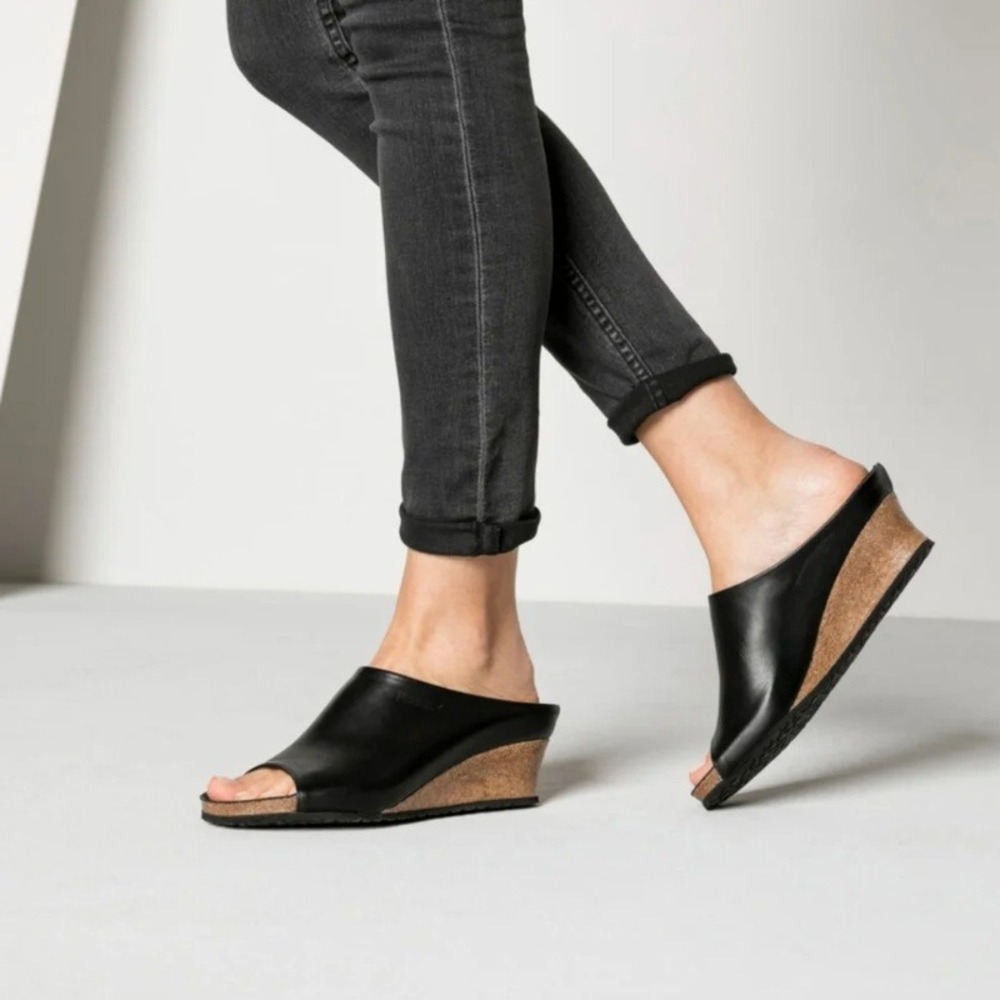 Birkenstock Papillio Debby Mules Black Leather Wedge Sandals Slide EU 37 / US 6